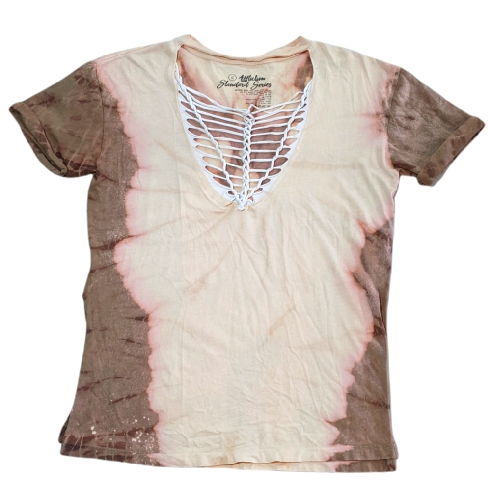 Affliction Standard Series Bleach Dye Distressed Woven V Neck Tee Women's Small